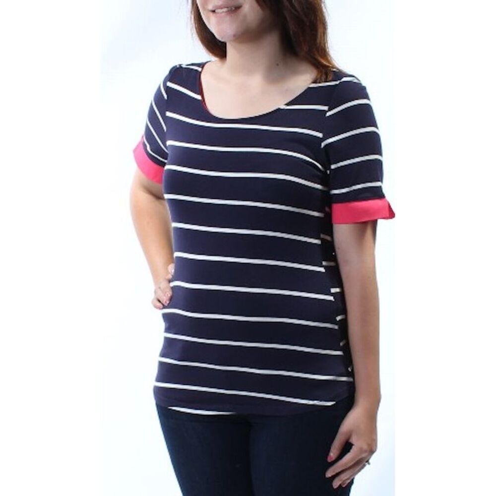 MON AMI Womens Navy Striped Cuffed Jewel Neck Hi-Lo Top Size: S